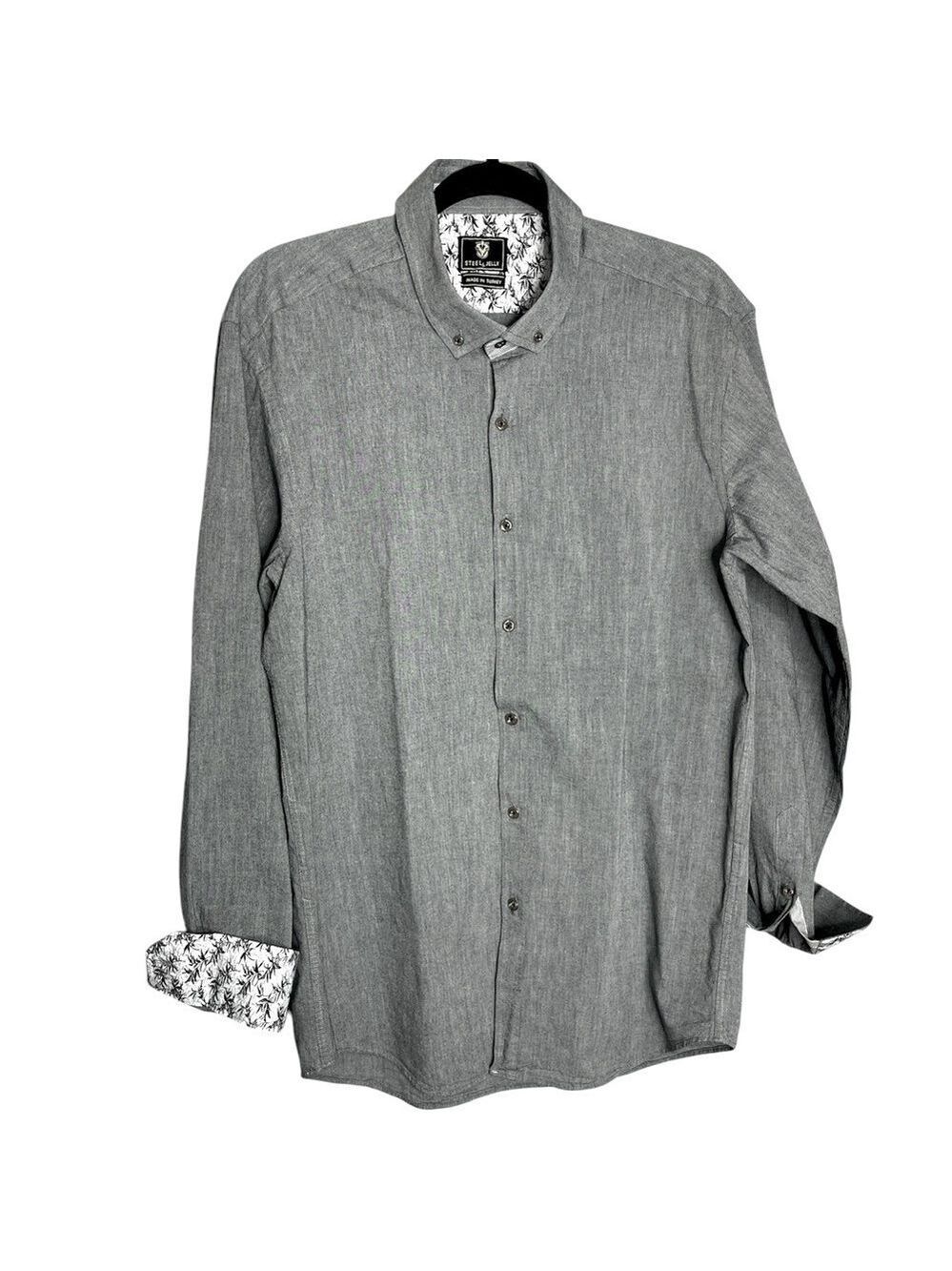 Steel & Jelly Grey Contrasting Cuff Button Down Long Sleeve Dress Shirt, L